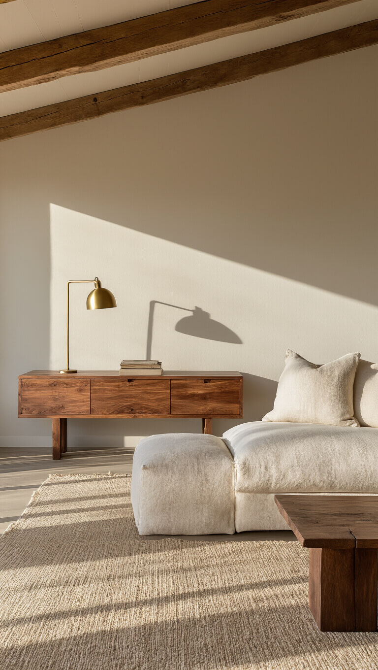 Sunlit living room with exposed wooden beams, walnut console table, linen sofa, and brass floor lamp at golden hour.