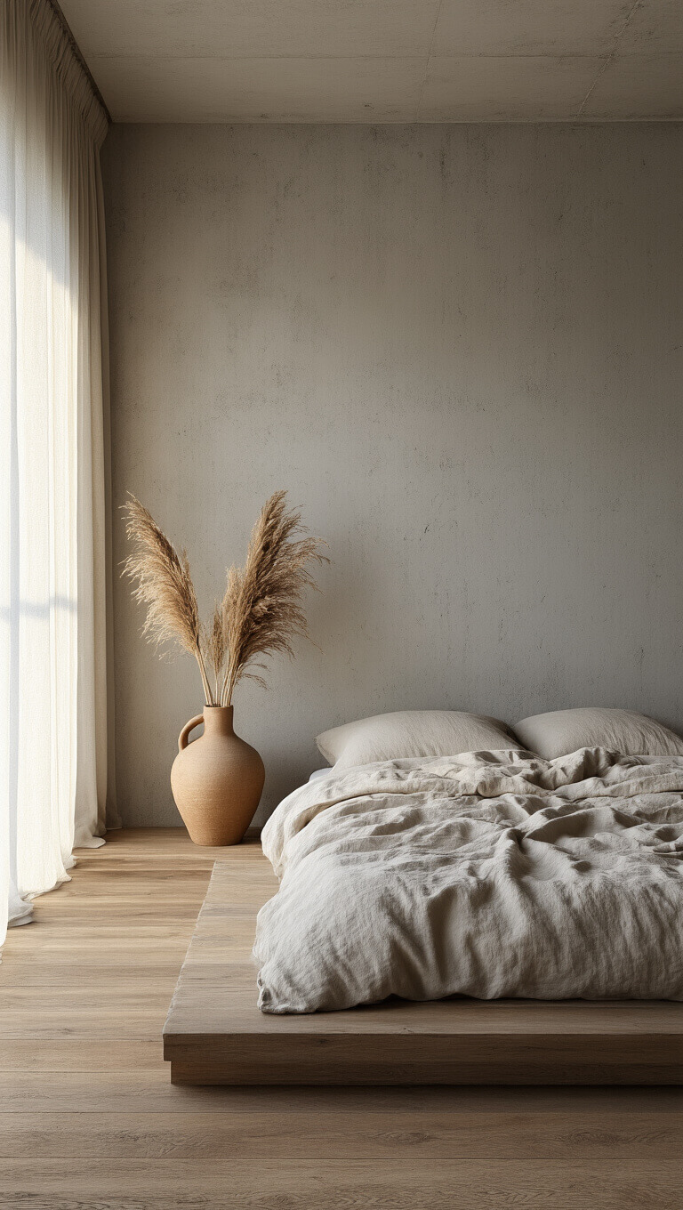 Cozy bedroom corner with platform bed, linen bedding, pampas grass in ceramic vase, and dawn light through sheer curtains.