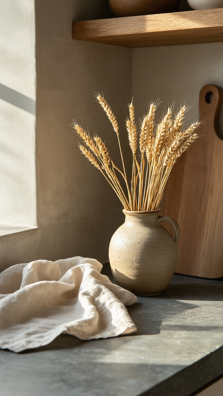 Close-up of weathered soapstone kitchen counter with ceramic vessel of dried wheat, linen tea towel, and raw-edge wooden cutting board in warm golden hour light.