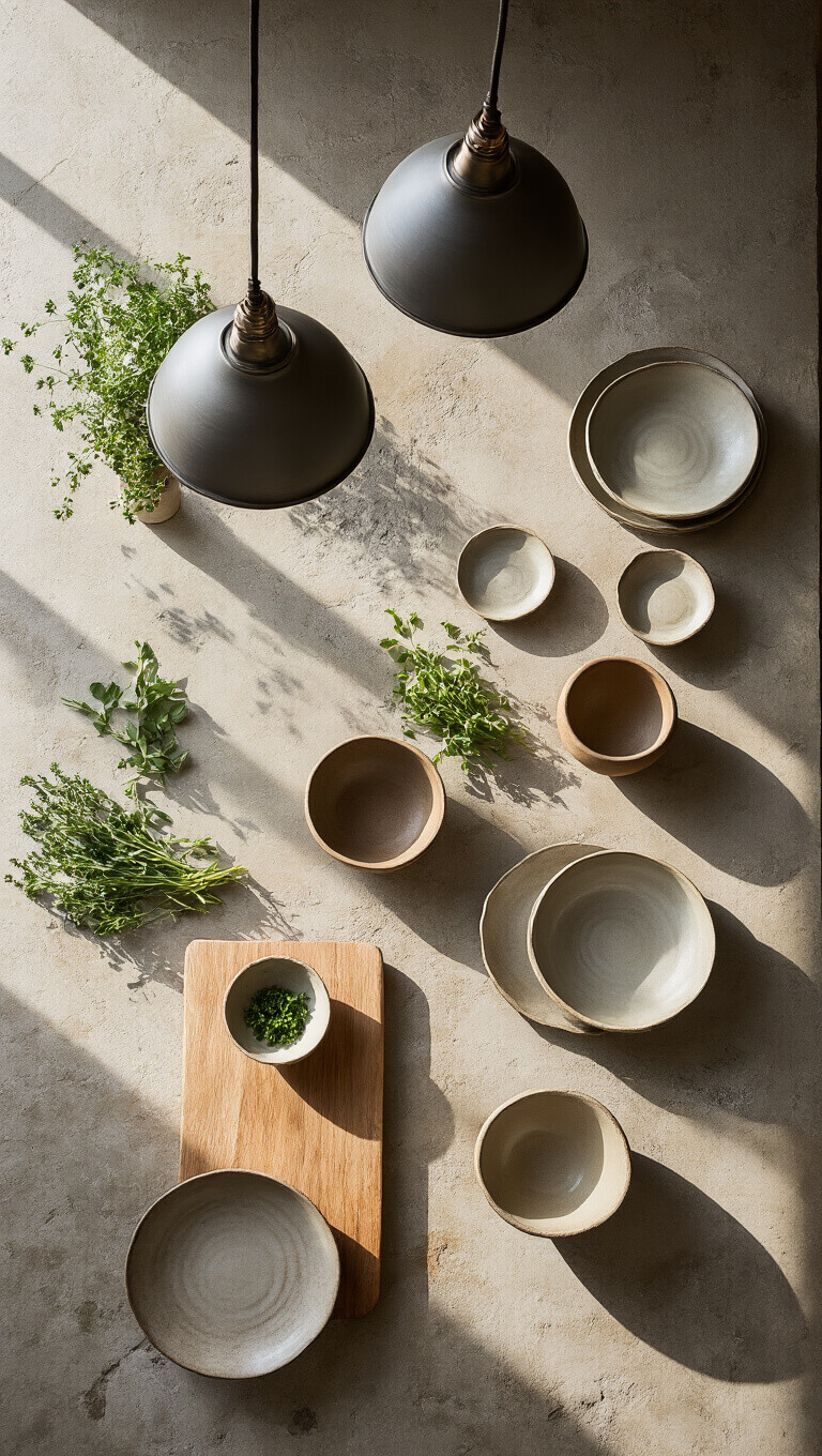 Overhead view of a 6x8ft kitchen island with asymmetrical matte stoneware plates, hand-formed pottery bowls, scattered herbs on a wooden board, and worn stone countertop under soft industrial lighting.