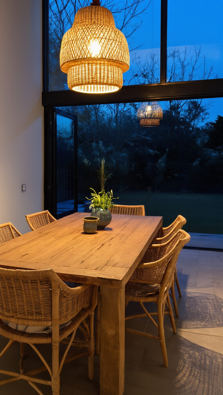 Modern 12x15ft dining room at dusk with reclaimed teak table featuring repair marks and iron joints, rattan chairs with patina, and ceramic pendant light glowing above.
