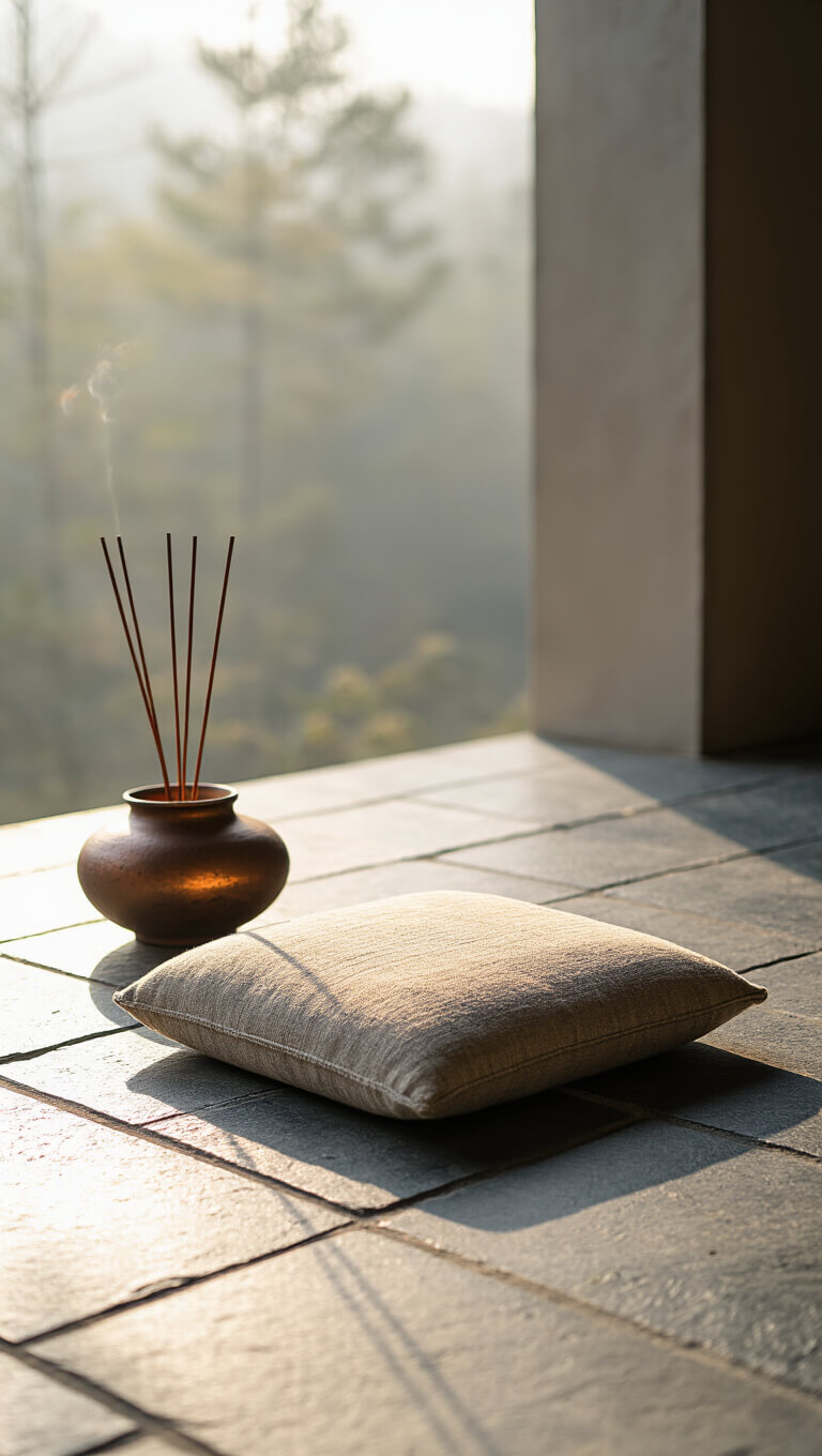 Minimalist meditation corner with vintage zabuton on slate tiles, ceramic incense holder, and sunlit copper bowl.