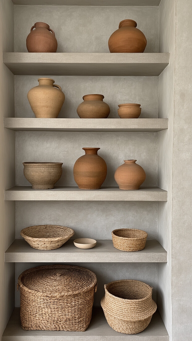 Eye-level view of vintage ceramics on 8ft open shelving with woven baskets below, against warm grey textured plaster wall in morning light.