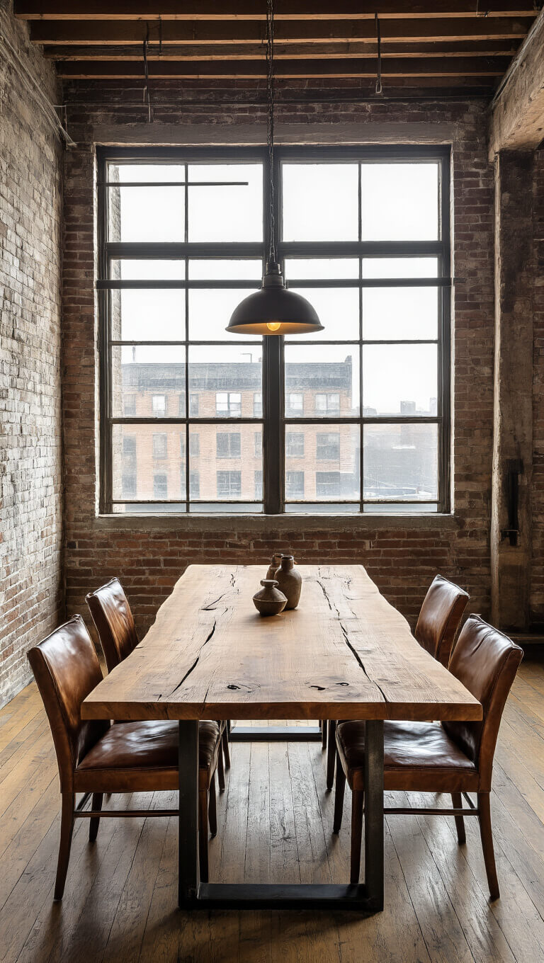 Artist's loft with industrial windows, live-edge maple table, vintage leather chairs, and warm afternoon light.