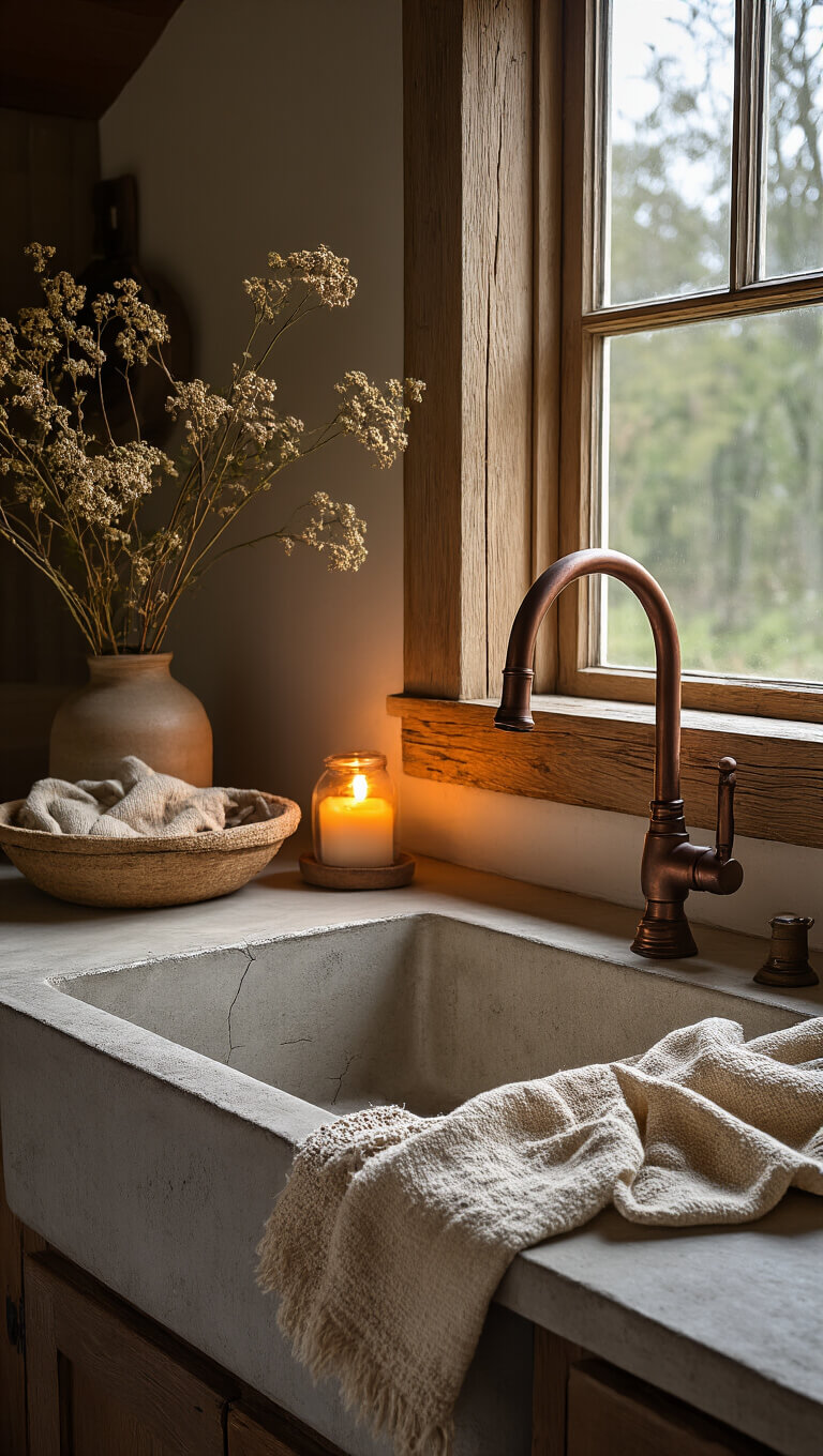 Farmhouse sink vignette at dusk with aged copper faucet, handwoven dish cloths, crackled concrete basin, and rustic wood window frame.