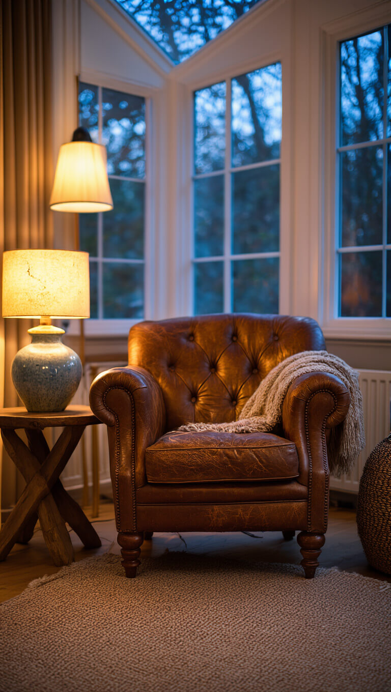 Cozy 11x13ft reading nook at twilight with a weathered leather armchair, hand-knotted wool rug, and a ceramic lamp casting warm ambient light.