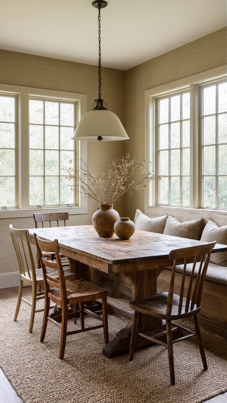 Cozy dining nook with antique wooden table, mismatched worn chairs, handspun pottery centerpiece with dried botanicals, and warm mushroom-toned grasscloth wallpaper, lit by soft overcast natural light.