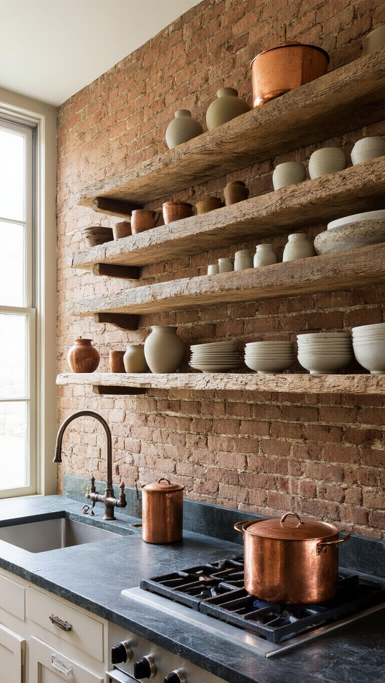 Sunlit 15x18ft kitchen with exposed brick wall, open salvaged wood shelves holding handmade pottery, soapstone countertops, and patinaed copper pots.