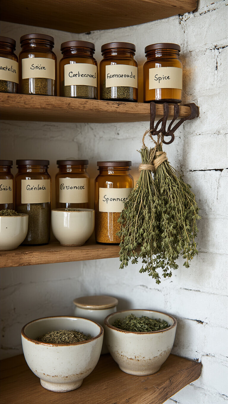 Close-up of spice shelf corner with amber glass jars, ceramic bowls, hanging dried herbs, and textured whitewashed brick wall.