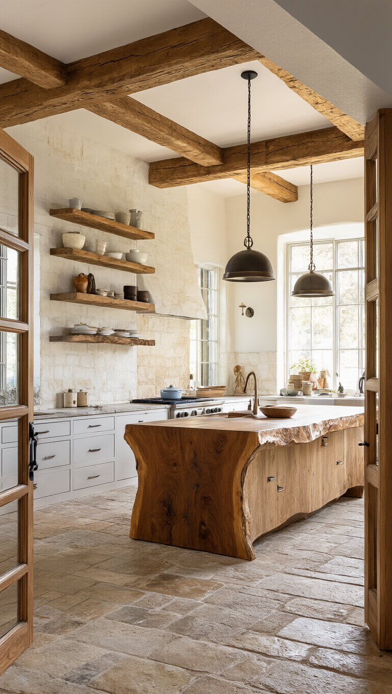 Rustic kitchen with exposed wood beams, stone floor, and live-edge island, bathed in golden hour light, viewed from doorway at chest height.