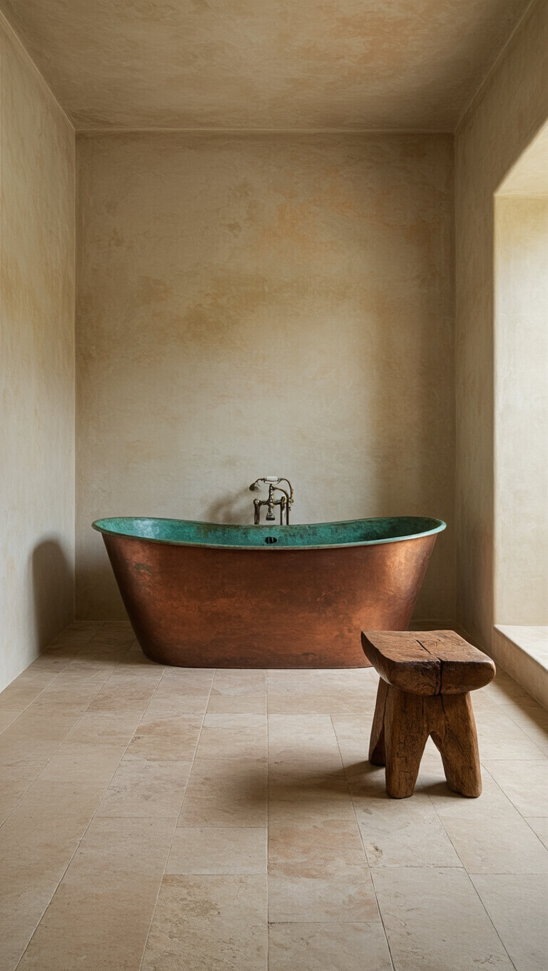 High-angle view of a serene 9x11ft bathroom with Venetian plaster walls, a verdigris copper freestanding tub, and a hand-carved wooden stool.