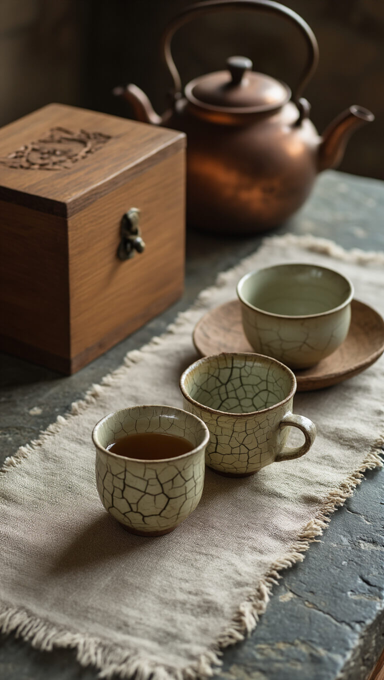 Tea preparation area with wooden tea box, ceramic cups, copper kettle, and linen runner on stone countertop in soft morning light.