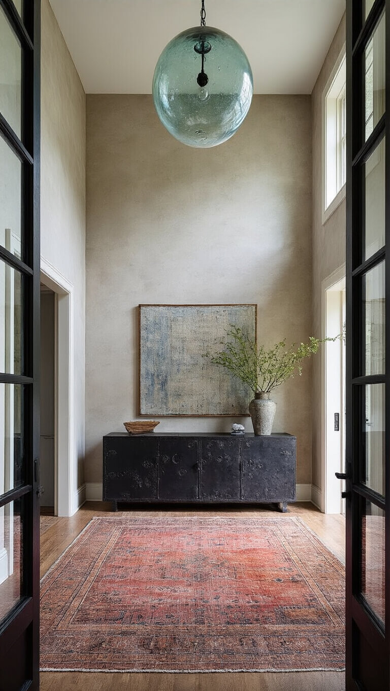 Dramatic 13x16ft entryway with double-height ceiling, vintage overdyed rug, blackened steel console, and handblown glass pendant viewed from a low upward angle.
