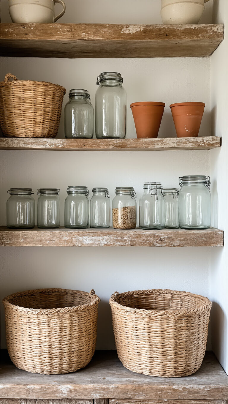 Weathered wooden pantry shelves with assorted glass jars, worn woven baskets, and chipped terracotta containers against textured white plaster walls in soft afternoon light.