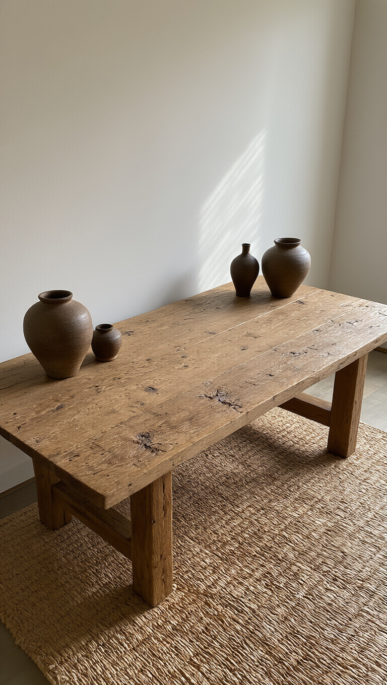 Zen-style 12x14ft office with reclaimed oak desk, handwoven grass mat, ceramic vessels, and soft morning light highlighting natural textures.