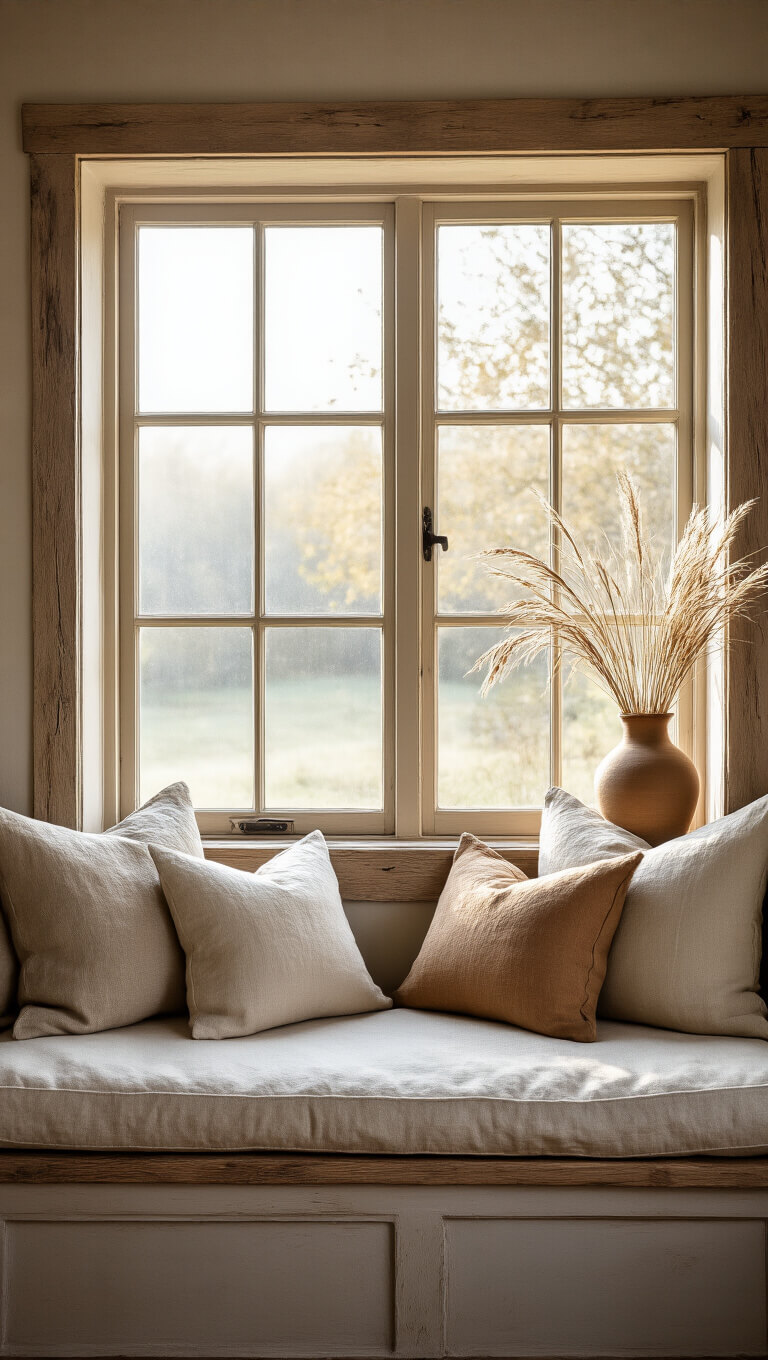Cozy kitchen window seat nook with built-in bench, earth-toned pillows, vintage vase of dried grasses, and early morning light through a raw wooden frame.