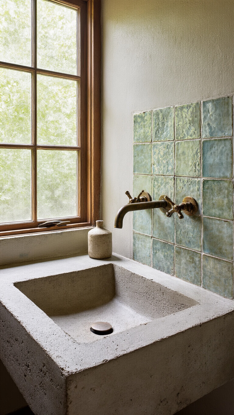 Close-up of rustic powder room featuring hand-troweled concrete sink with pitting, oxidized brass fixtures, and handmade glazed tiles in ambient afternoon light.