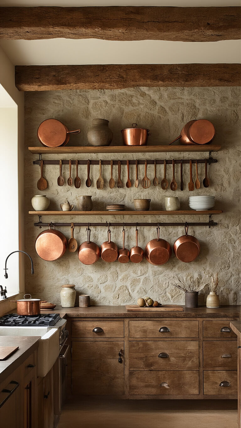 Evening-lit kitchen with 16ft gallery wall displaying wooden utensils, ceramic art, and aged copper pots under rustic wooden beams and stone backsplash.