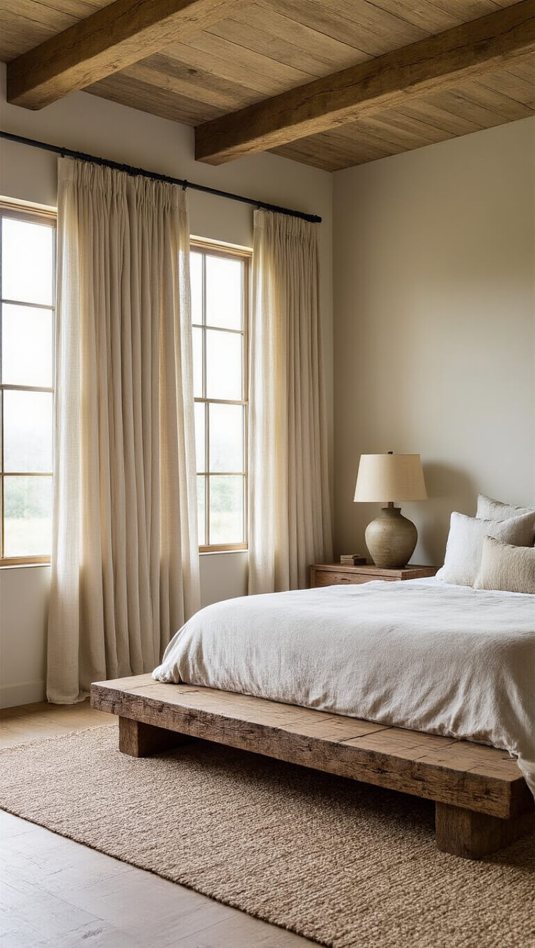 Tranquil 14x17ft primary bedroom at dawn with platform bed made from reclaimed barn wood, raw silk curtains, hand-thrown ceramic lamps, and soft natural light highlighting horizontal lines.