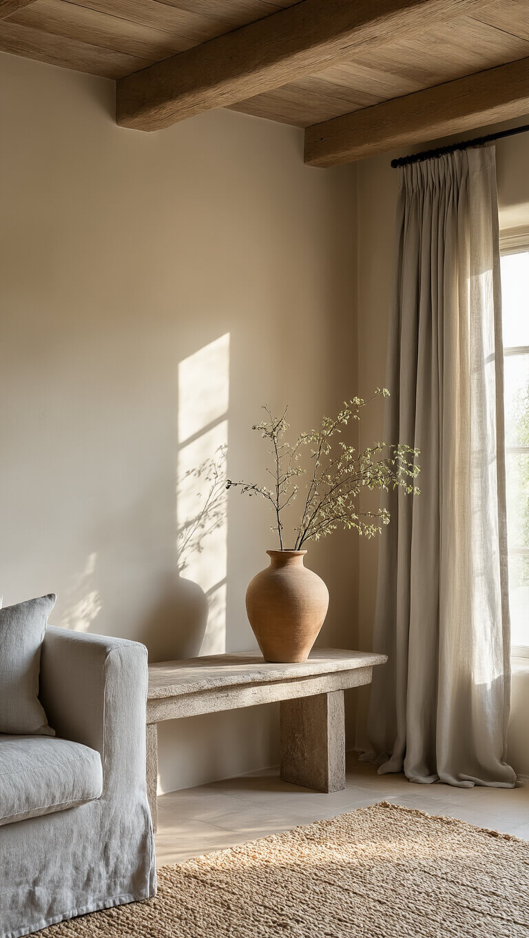 Sunlit living room corner with ceramic vase on vintage console, textured clay walls, jute rug, and soft grey curtains filtering golden hour light.
