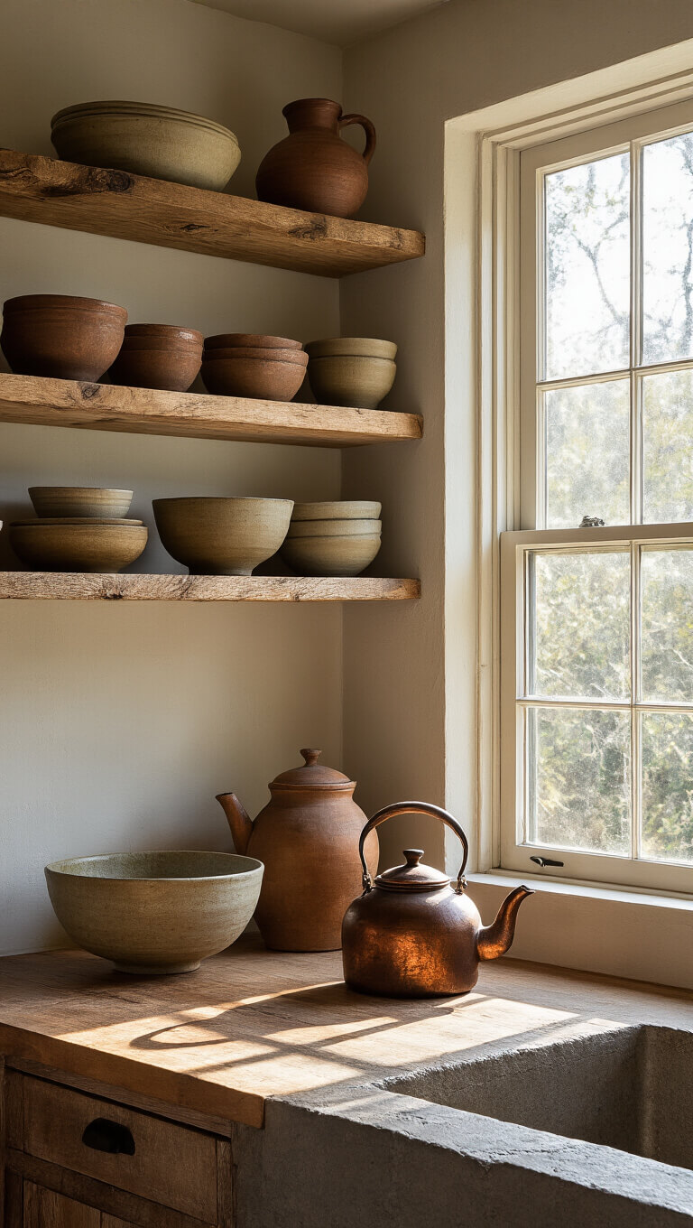 Cozy kitchen nook with morning light, handmade pottery on wooden shelves, ceramic bowls in earth tones, and vintage copper kettle on stone countertop with visible steam.