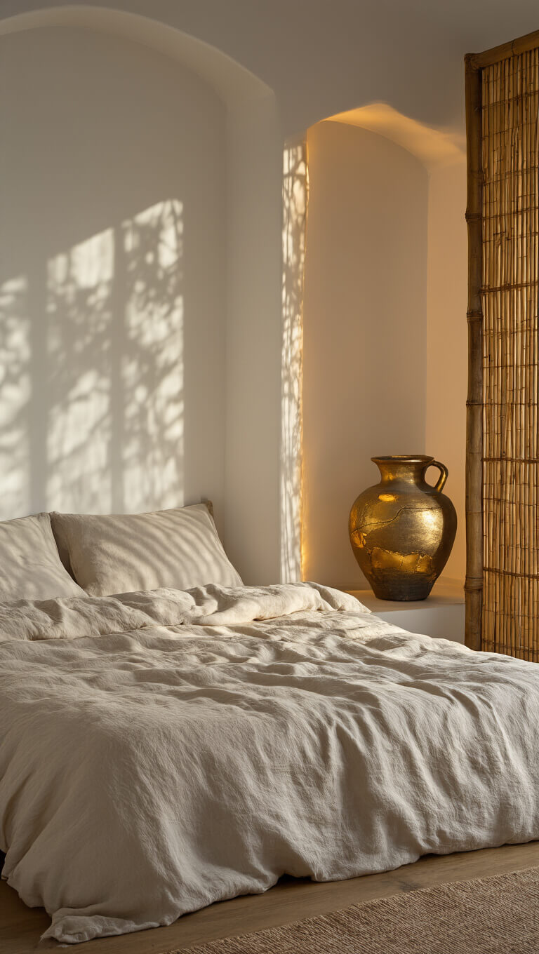 Master bedroom alcove at dusk with Kintsugi-repaired vessel glowing under soft lighting, raw silk bedding in natural tones, and bamboo screen casting textured shadows.