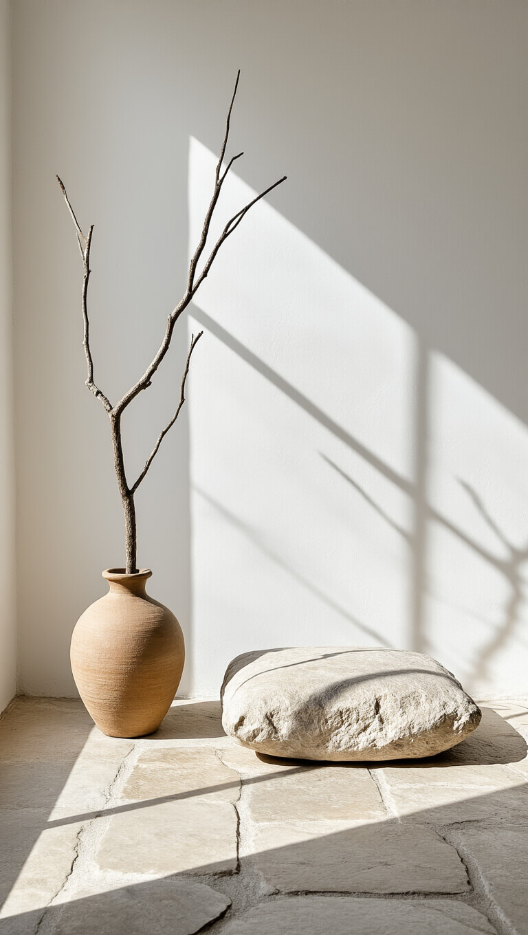 Minimalist meditation corner with dried branch in ceramic vase, stone floor cushion, and soft morning light casting shadows on whitewashed wall.