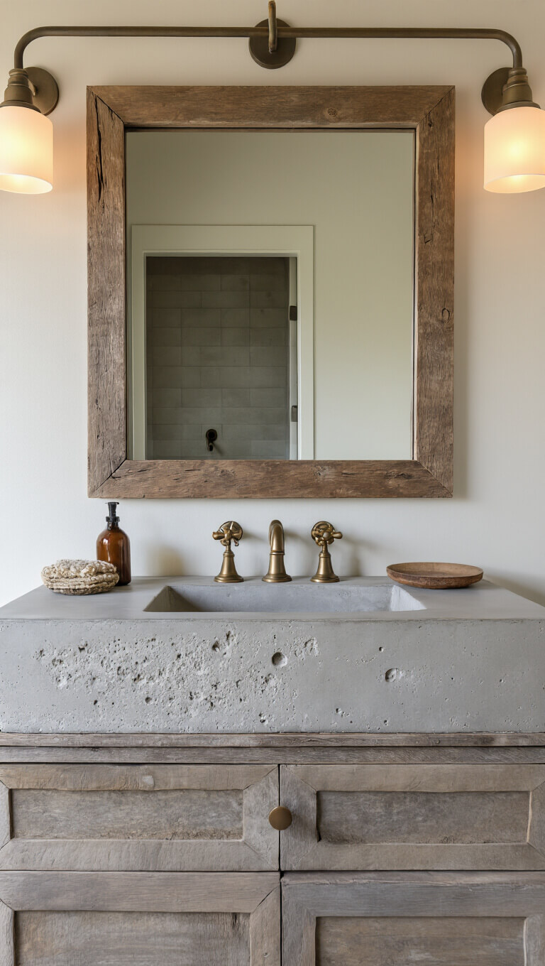 Bathroom vanity with handcrafted concrete sink, tarnished brass fixtures, rough wooden mirror frame, and soft lighting highlighting textures.