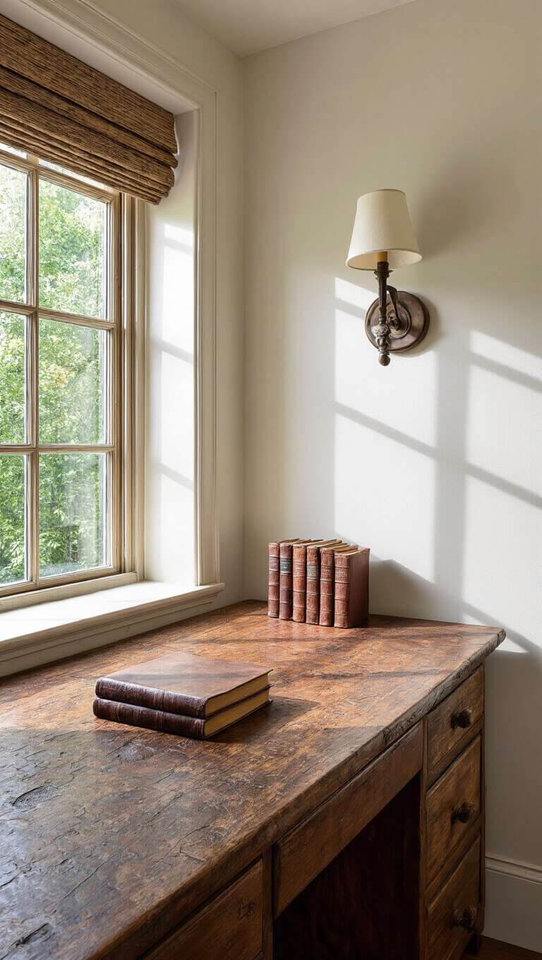 Cozy 7x9ft study nook with an antique wooden desk, aged books, and clay wall sconce in warm afternoon light, viewed through a telephoto lens showing textured layers.