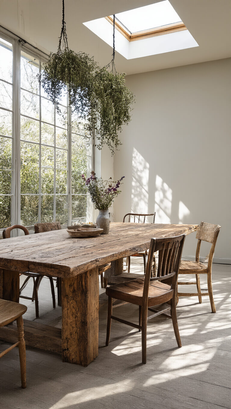 Rustic dining room with large reclaimed wood table, mismatched vintage chairs, and hanging dried herbs, bathed in natural skylight.