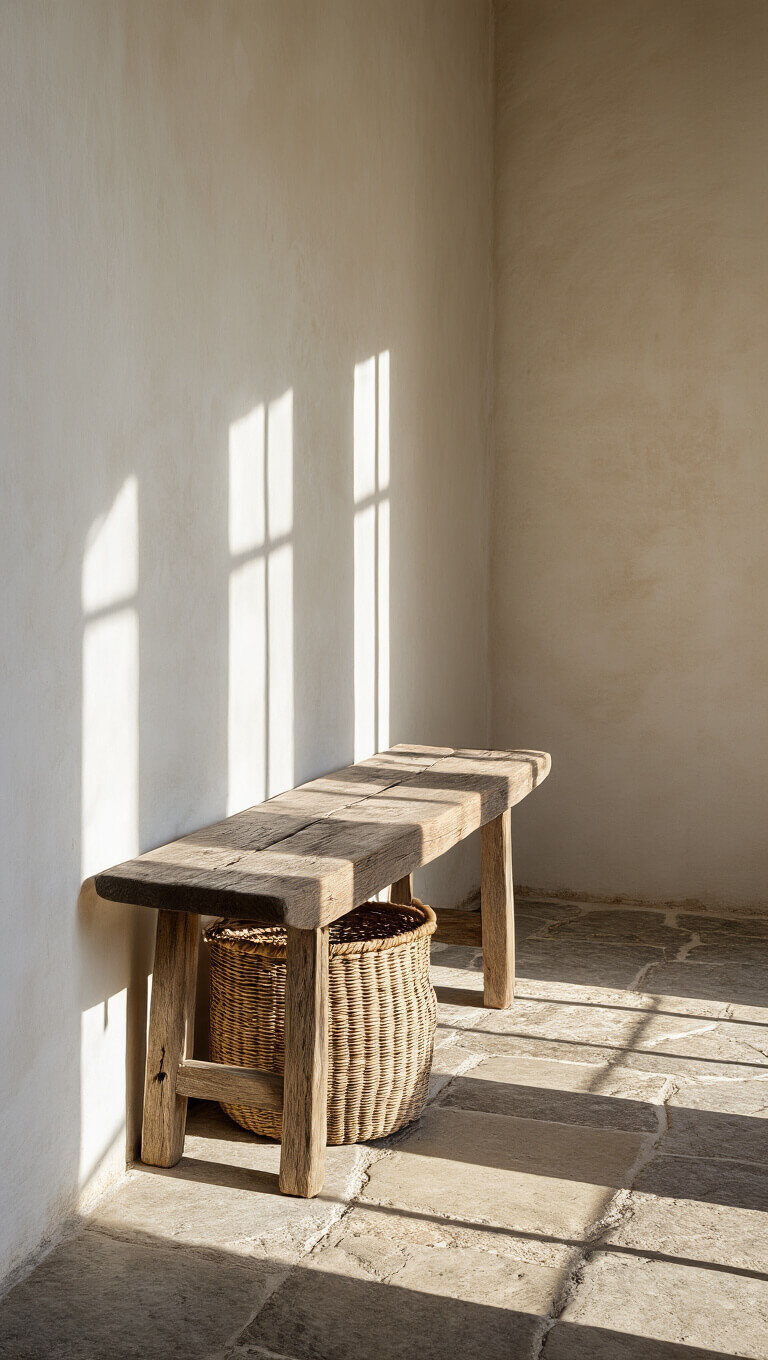 Entryway with weathered stone floor, wooden bench, and handwoven basket in morning light casting long shadows.