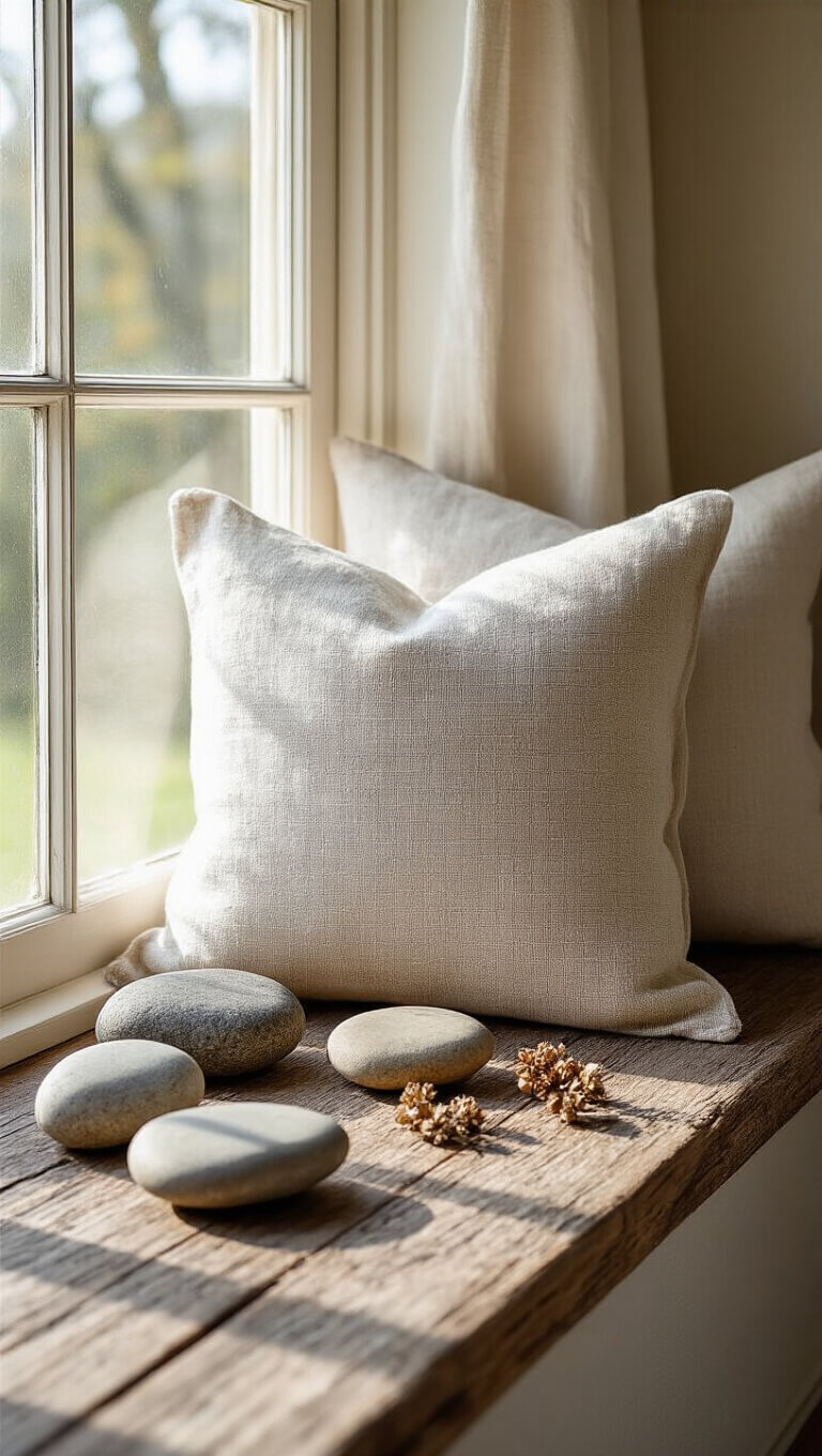 Cozy window seat with raw linen cushions, river stones, and dried seedpods on a worn wooden sill, bathed in dappled late afternoon light showing detailed natural textures.