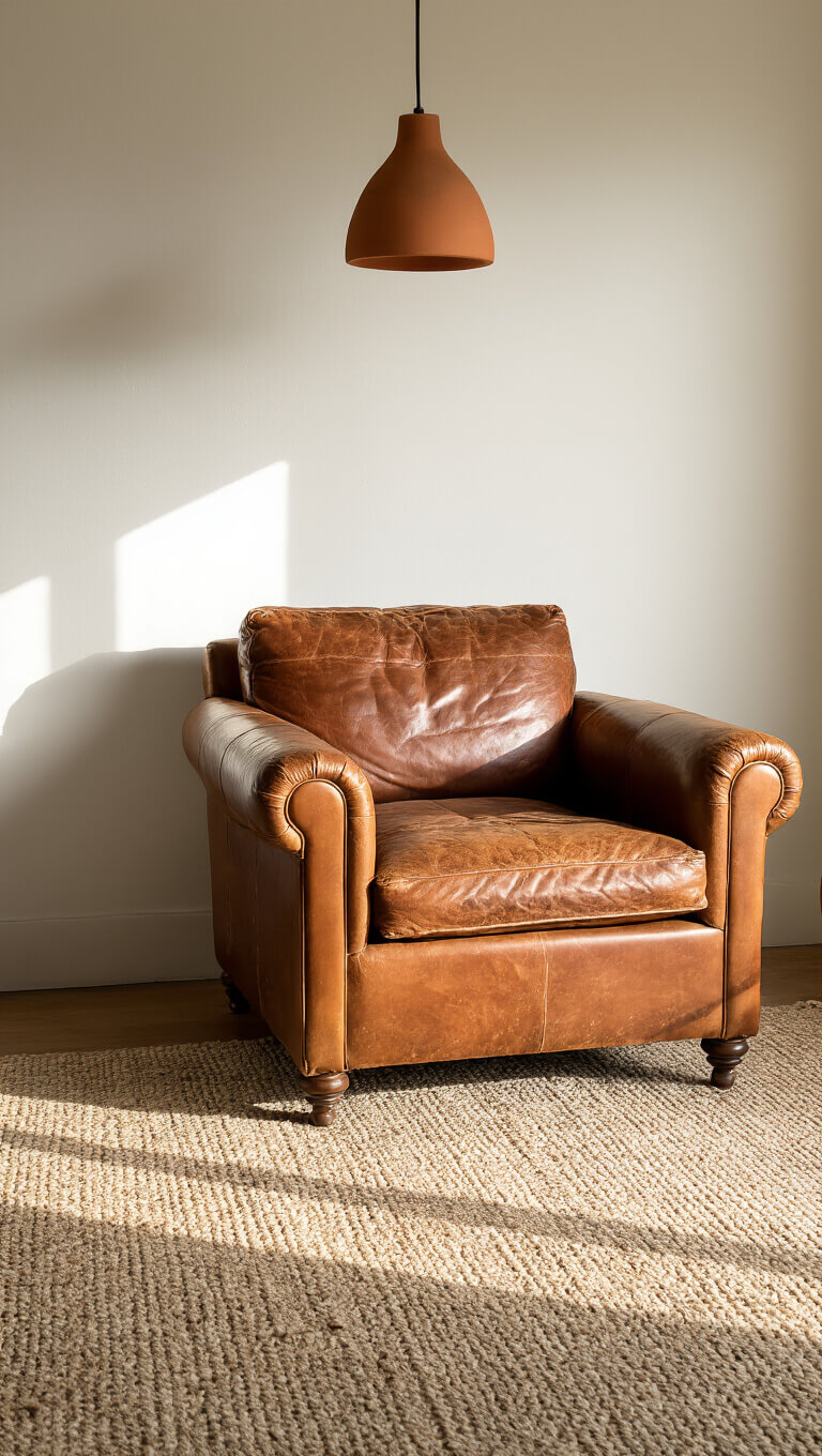 Vintage reading corner with worn leather armchair, hand-knotted rug, clay pendant light, and warm golden hour glow, viewed from seated perspective.