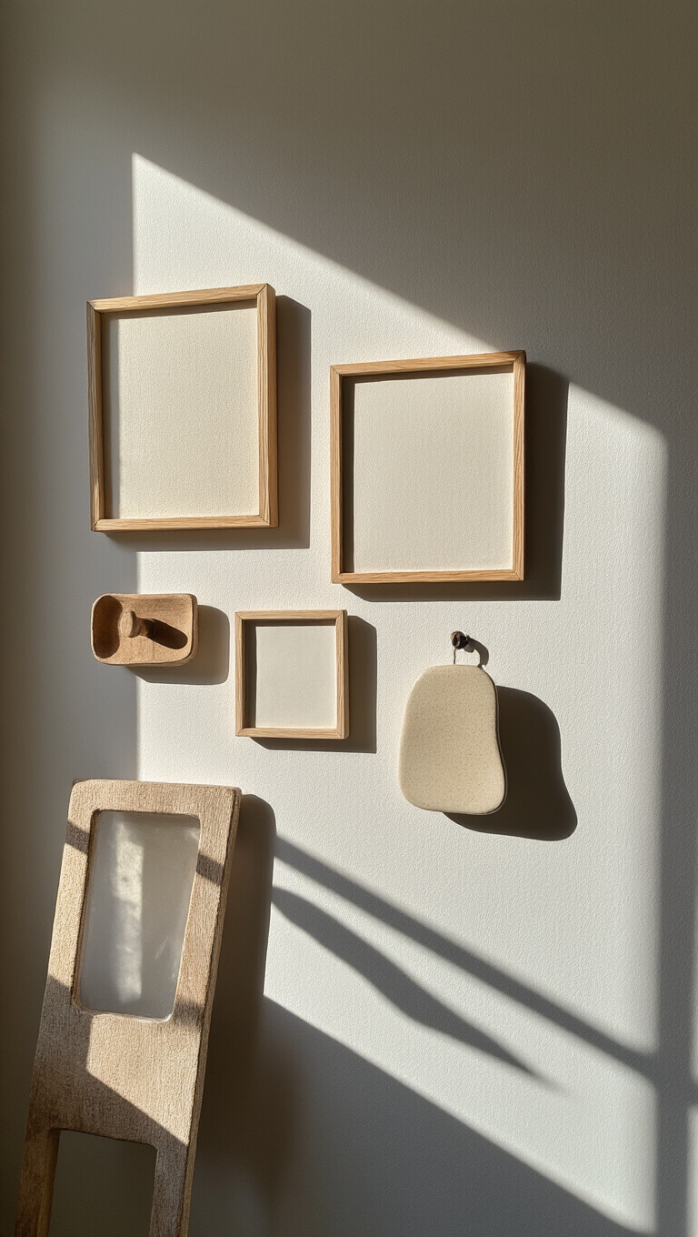 Asymmetrical gallery wall of minimalist art in natural wood frames with visible grain, accented by irregular handmade ceramic hooks, bathed in soft northern light.