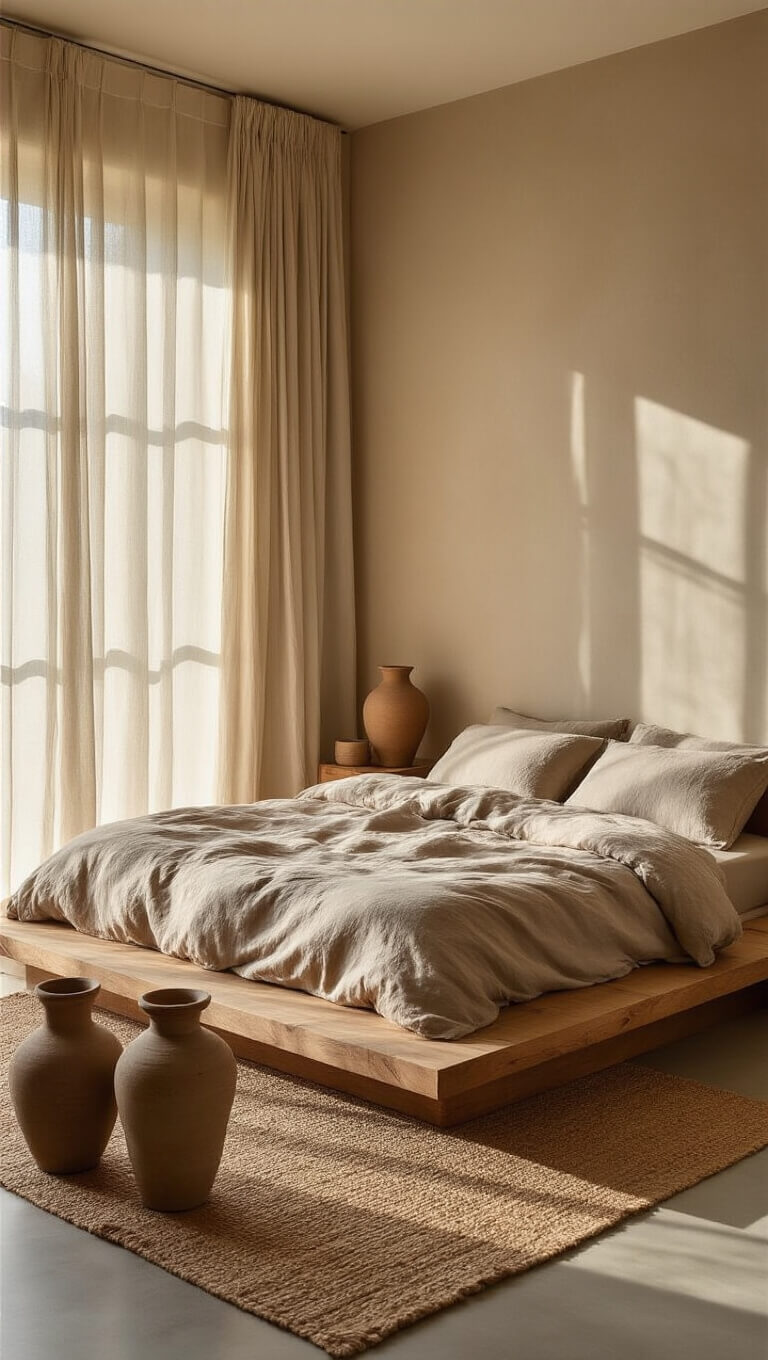 Sunlit minimalist bedroom with low wooden platform bed, taupe linen bedding, jute rug, ceramic vessels on oak side table, and textured clay-colored walls.