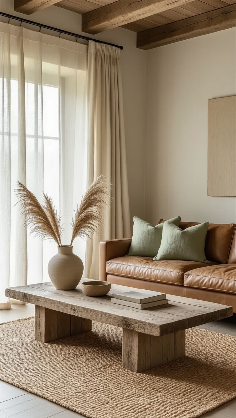 Sunlit living room with exposed beams, vintage leather sofa, oak coffee table, jute rug, and pampas grass in ceramic vase.