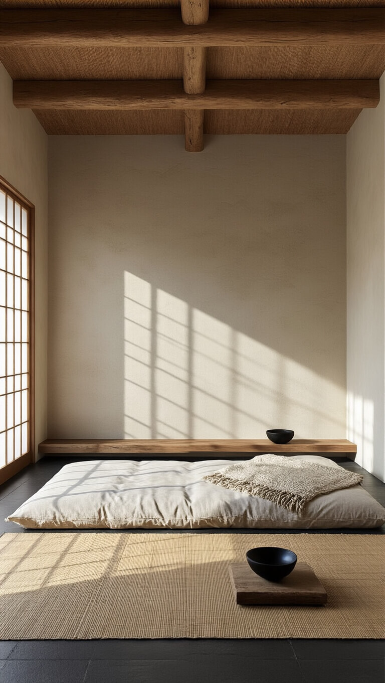 Minimalist tatami-style bedroom with floor futon, exposed wood beams, textured plaster walls, and dramatic afternoon side lighting highlighting natural materials.