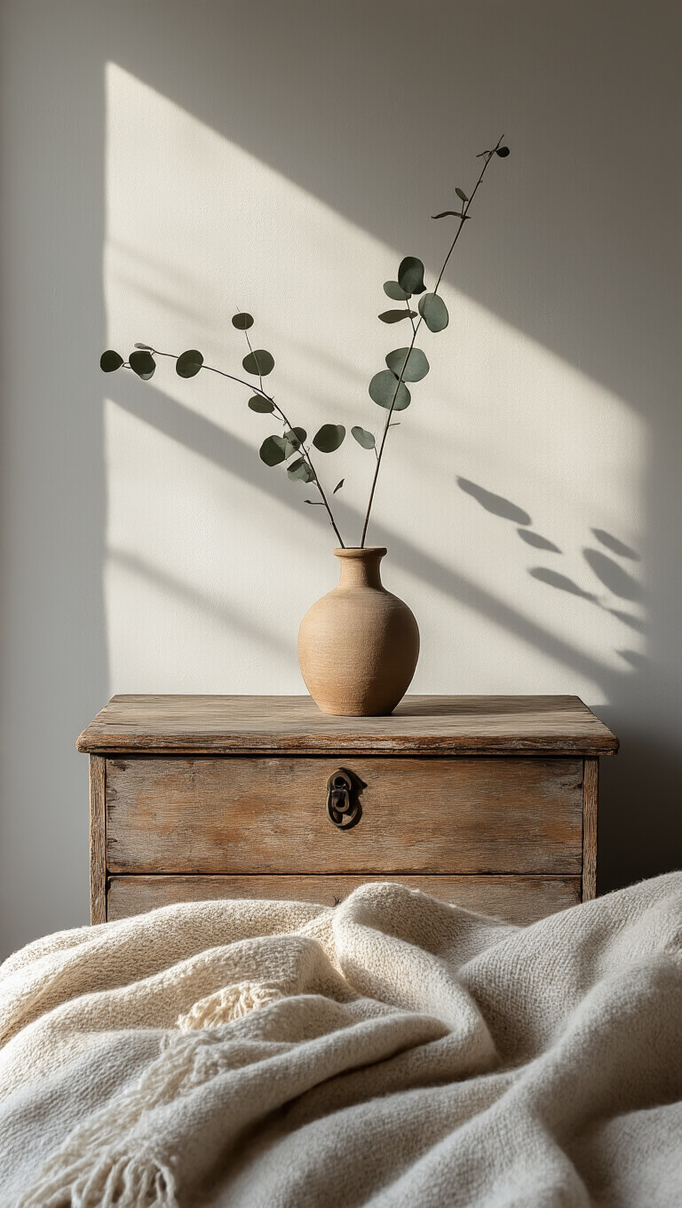Close-up of a weathered wooden chest with patina against a grey plaster wall, dried eucalyptus in a ceramic vase, and a natural wool throw, bathed in soft dawn light with gentle shadows.