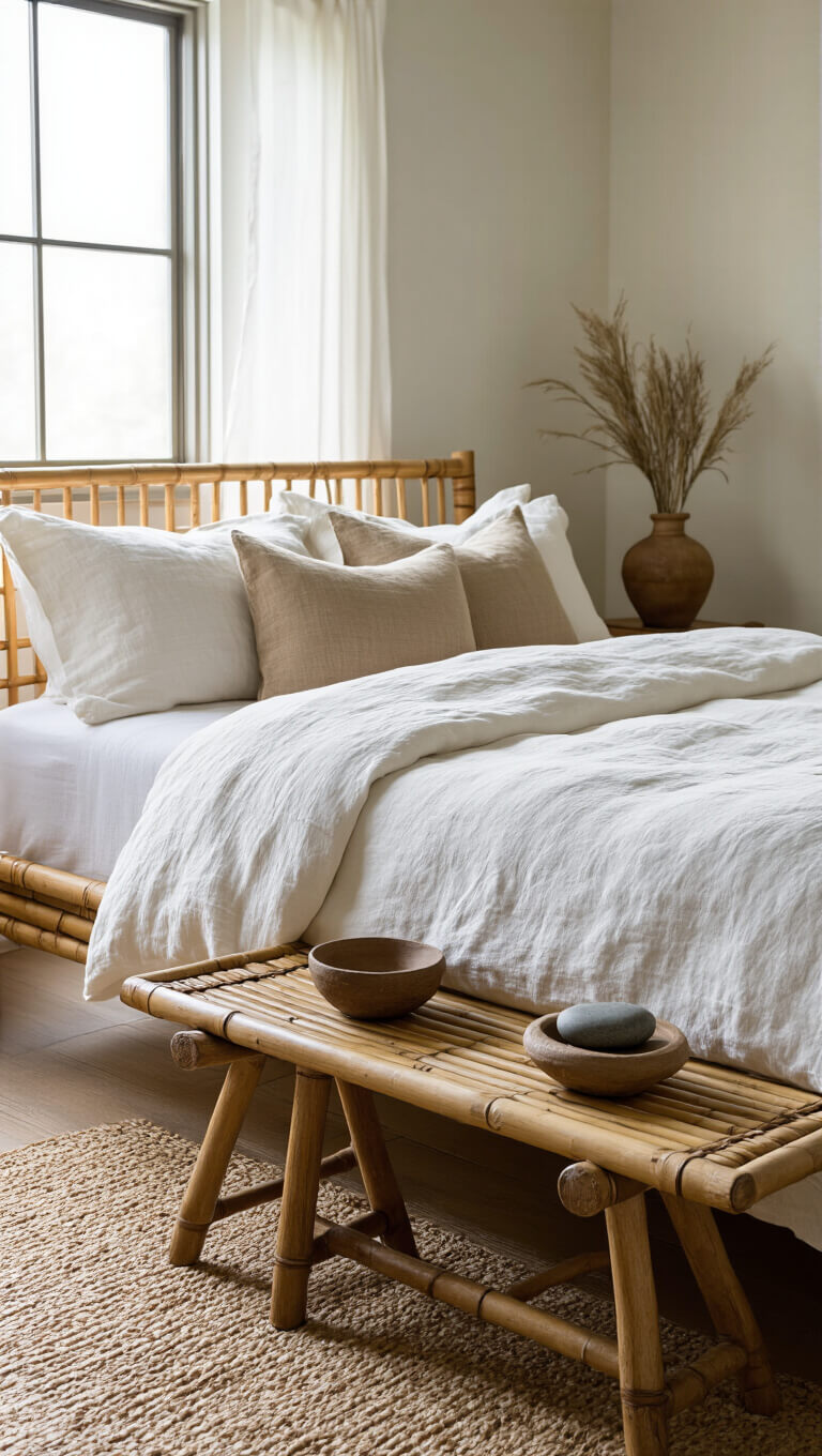 Sunlit primary bedroom with aged bamboo bed, wrinkled white linens, earth-tone pillows, and vintage wooden stool nightstand holding a river stone and pottery bowl.