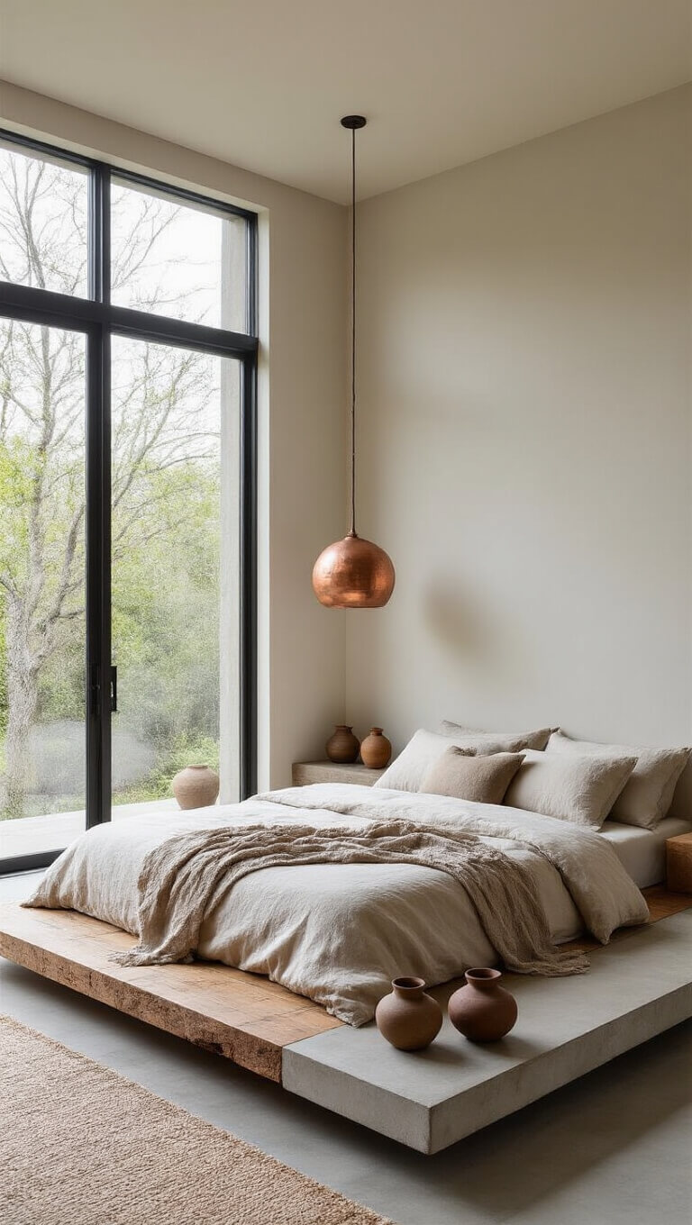 Contemporary Wabi Sabi bedroom with floating oak bed, linen bedding, handmade pottery on concrete shelf, and floor-to-ceiling windows in soft overcast light.