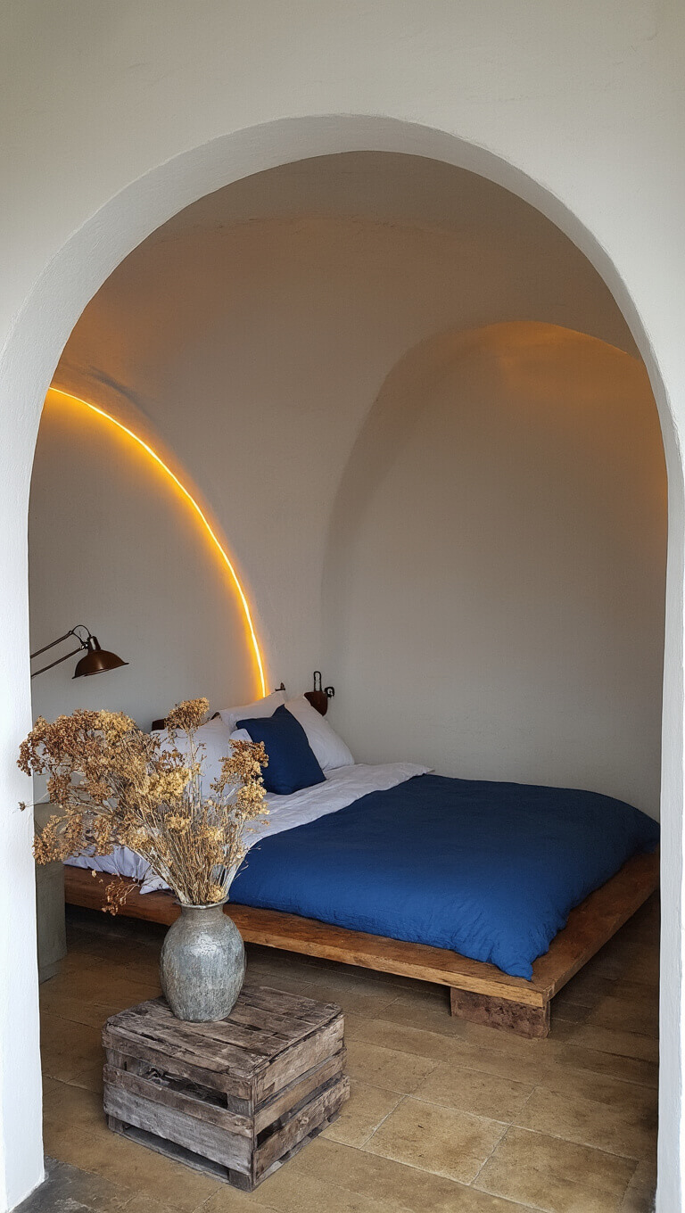 Cozy Wabi Sabi bedroom with low wooden bed, indigo bedding, arched doorway, warm LED lights, vintage lamp on wooden crate, and dried botanicals in metal vase.