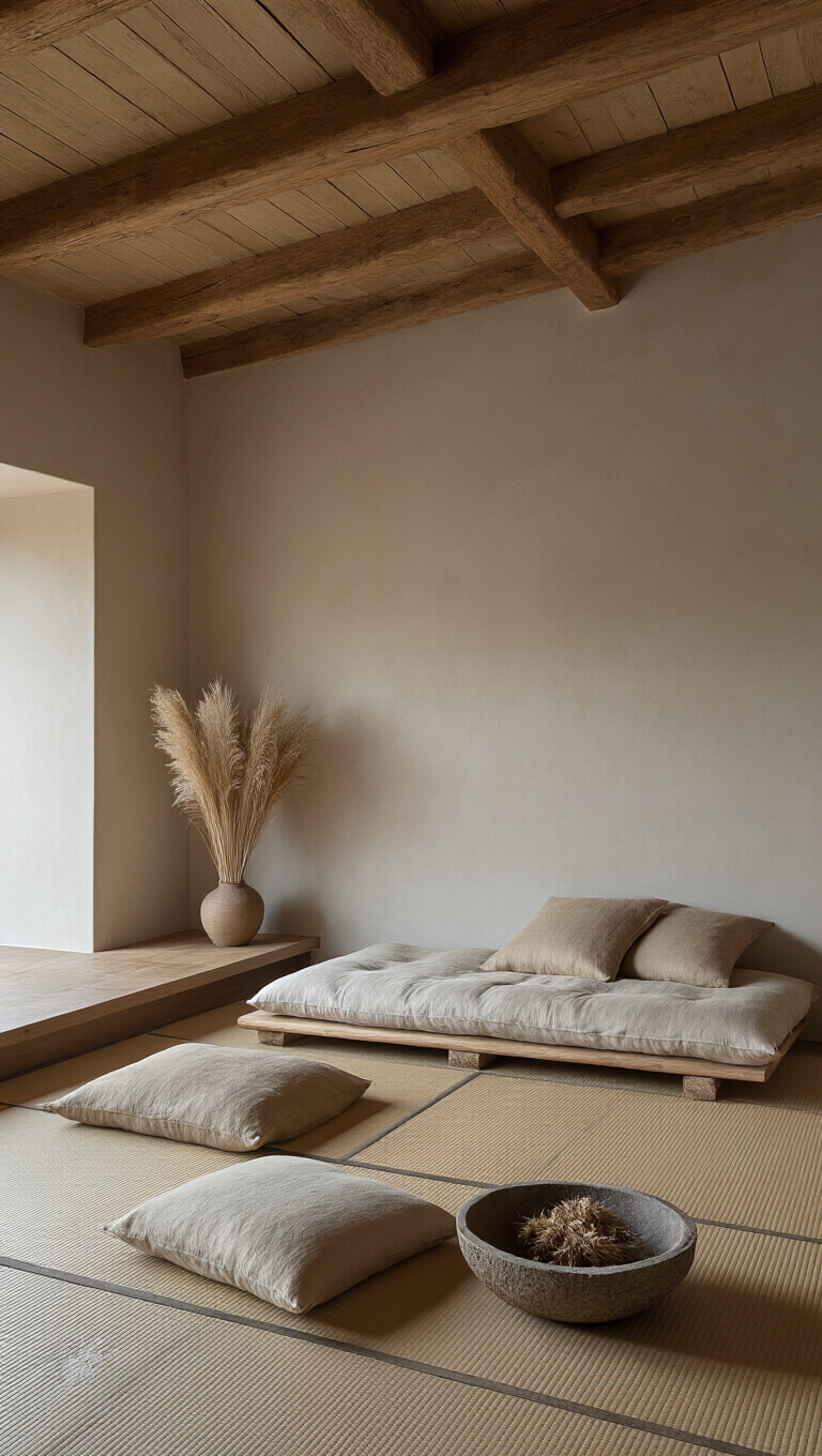 Minimalist 15x15ft bedroom at dusk with exposed wood beam ceiling, tatami mats, simple futon, sand and clay-toned silk cushions, and stone bowl of dried pampas grass; low-angle view with moody lighting and shadow detail.