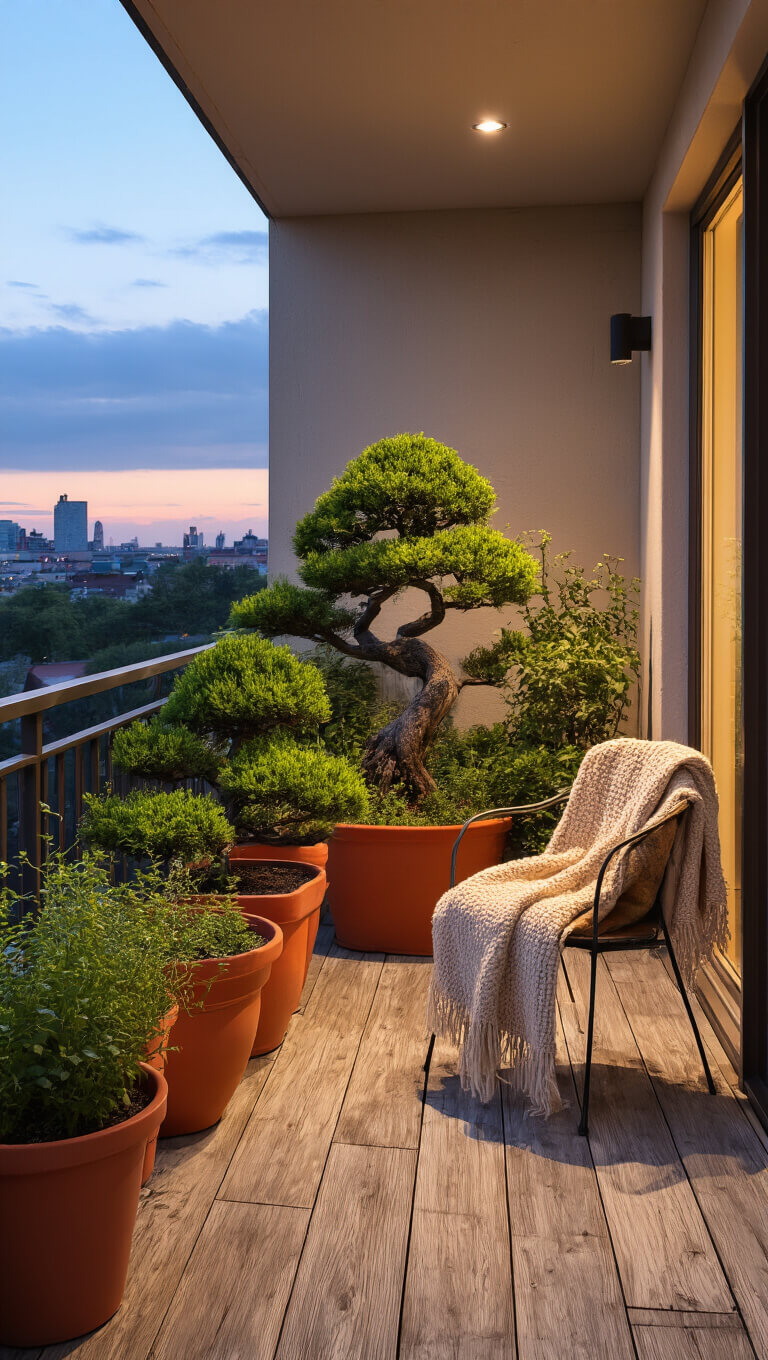 Urban balcony with bonsai trees, wild herbs in terra cotta pots, weathered wooden tiles, and an iron chair draped with a natural wool blanket at dusk.