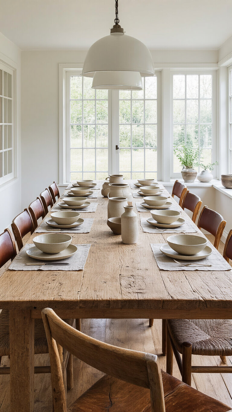 Sunlit dining room with century-old oak table set with ceramic plates on linen placemats, surrounded by vintage wooden chairs with leather seats.