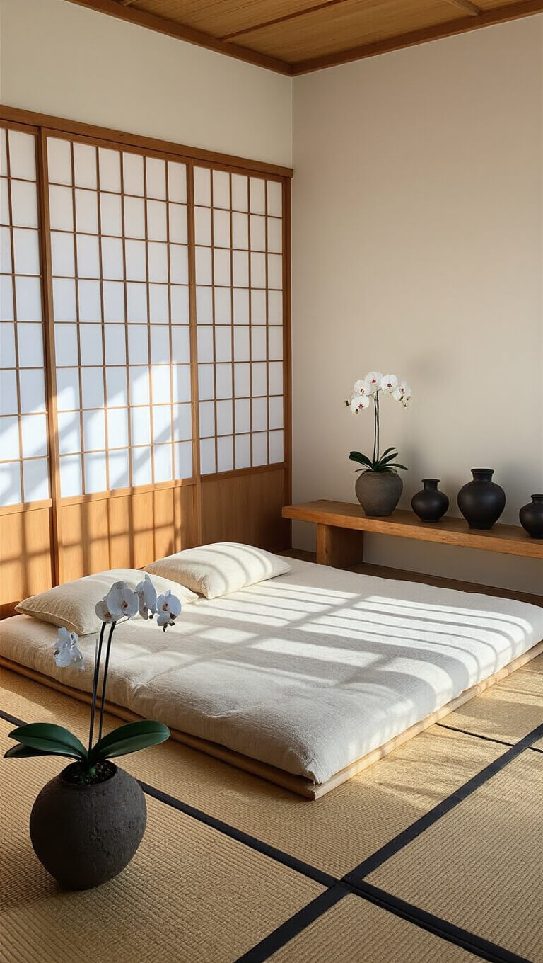 Bird's eye view of a minimalist 15x15 meditation bedroom with tatami mats, floor mattress with hemp bedding, Raku pottery on a low bench, orchid in stone vessel, shoji screens, and mid-morning light casting geometric shadows.