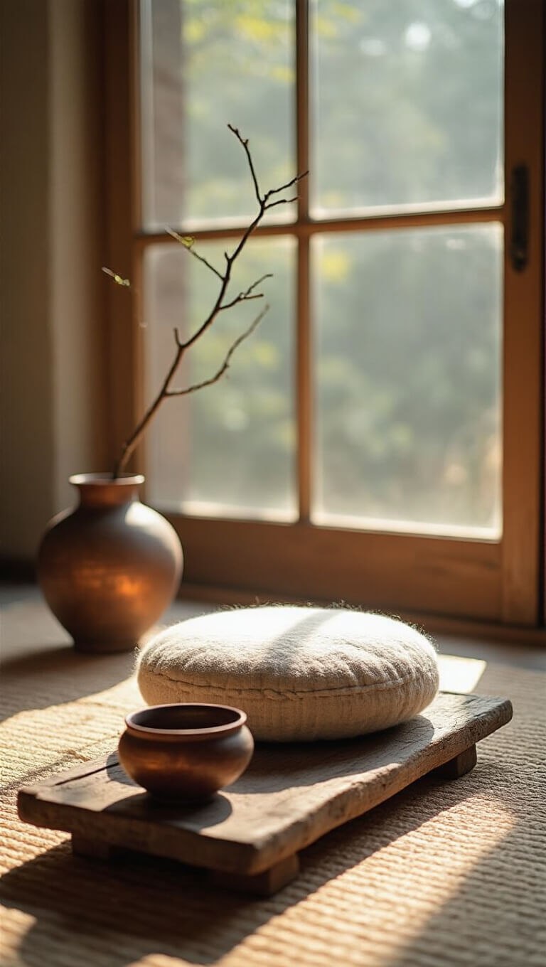 Handcrafted wool meditation cushion beside aged wooden tray with ceramic tea bowl and copper vessel holding branch, softly lit with morning light and blurred background.