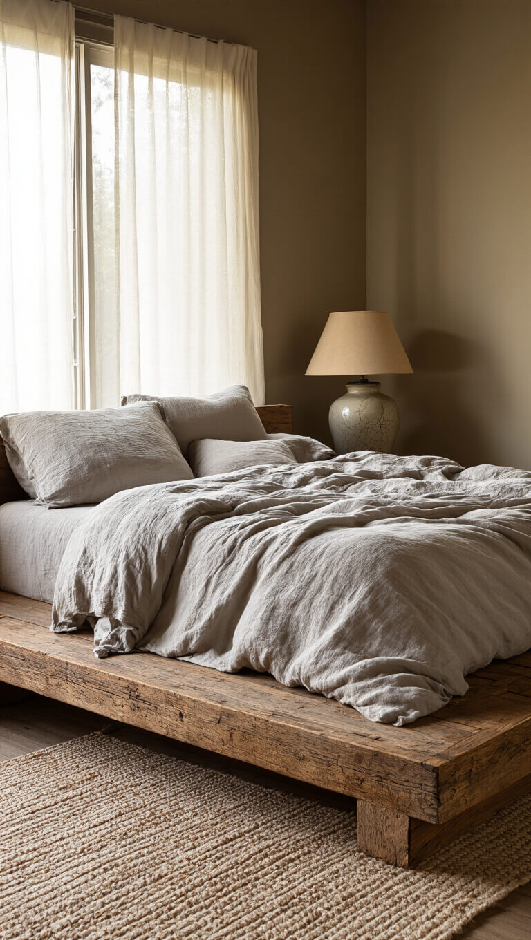 Golden hour view of a cozy 18x20ft primary suite with a reclaimed timber platform bed, rumpled linen bedding in warm grey and oatmeal, and a vintage ceramic lamp, shot from above with natural textures highlighted.