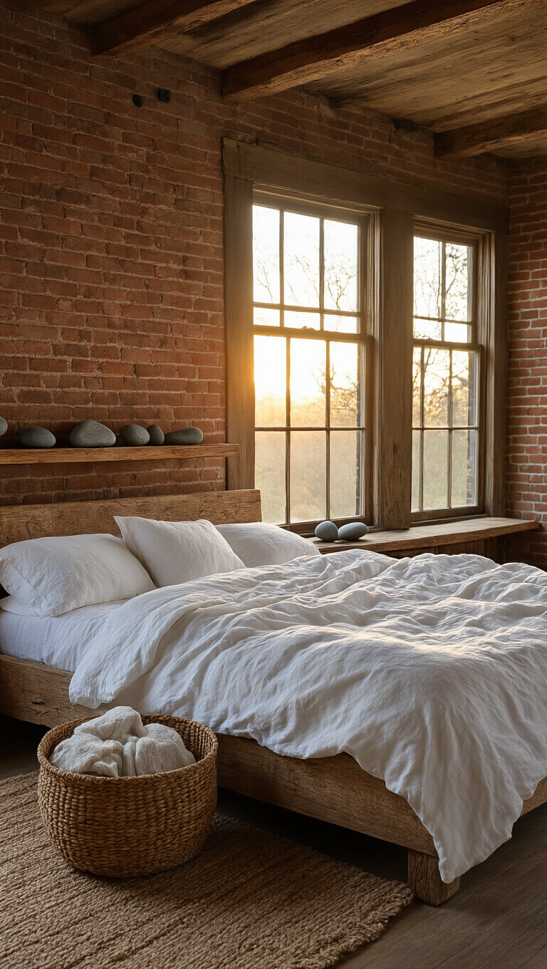 Low-angle view of a rustic Wabi Sabi retreat with an exposed brick wall, golden hour light streaming through vintage windows, a reclaimed barn wood bed with rumpled white linens, handwoven basket of blankets, and raw-edge shelf with river stones.