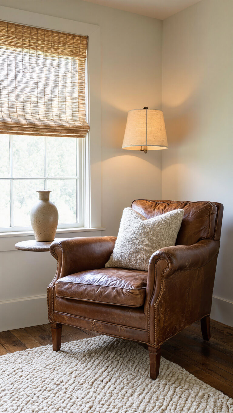 Cozy reading nook with vintage leather armchair, wool rug, ceramic lamp, and afternoon light through sheer blinds.