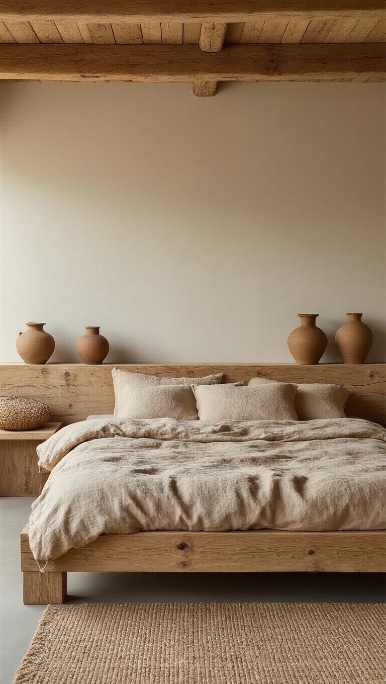 Minimalist sleeping space with low wooden bed, clay-toned bedding, and handmade pottery, bathed in midday natural light.